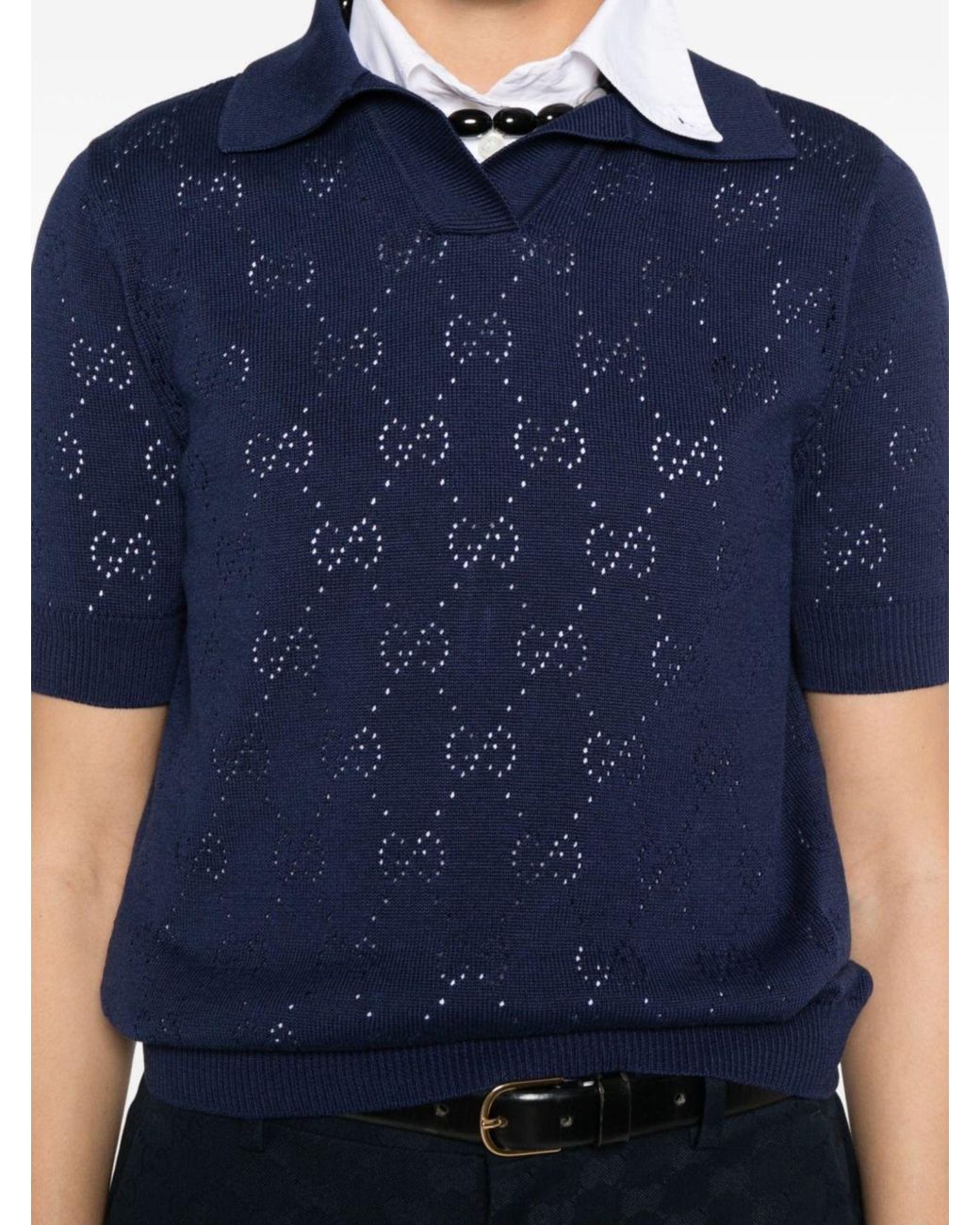 Gucci Blue Gg Short-Sleeved Ribbed Polo Shirt