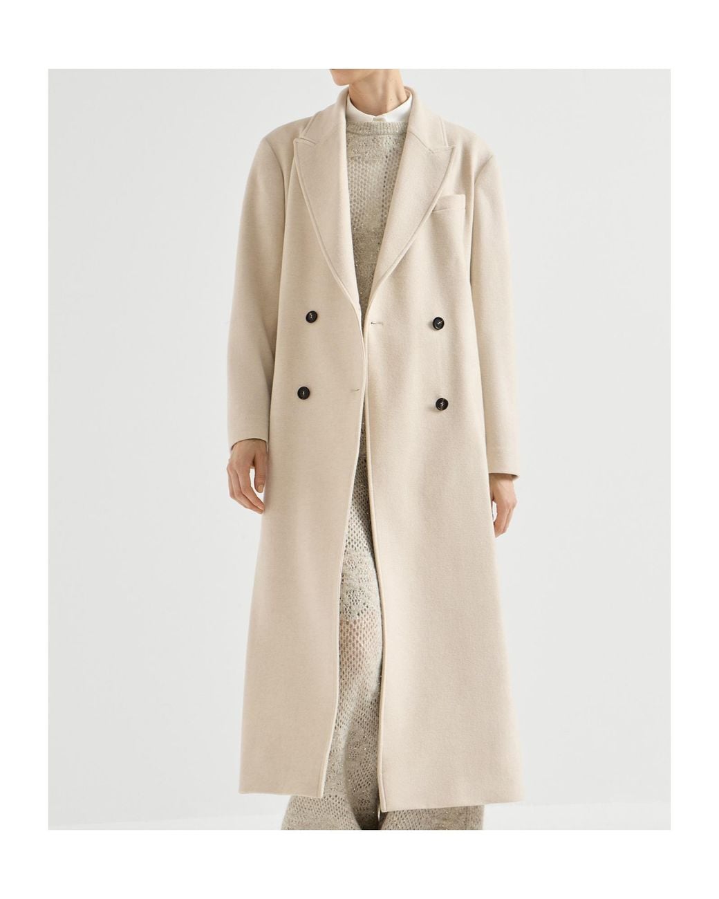 Brunello Cucinelli Natural Lightweight Water-Resistant Cashmere Belted Coat With Monili