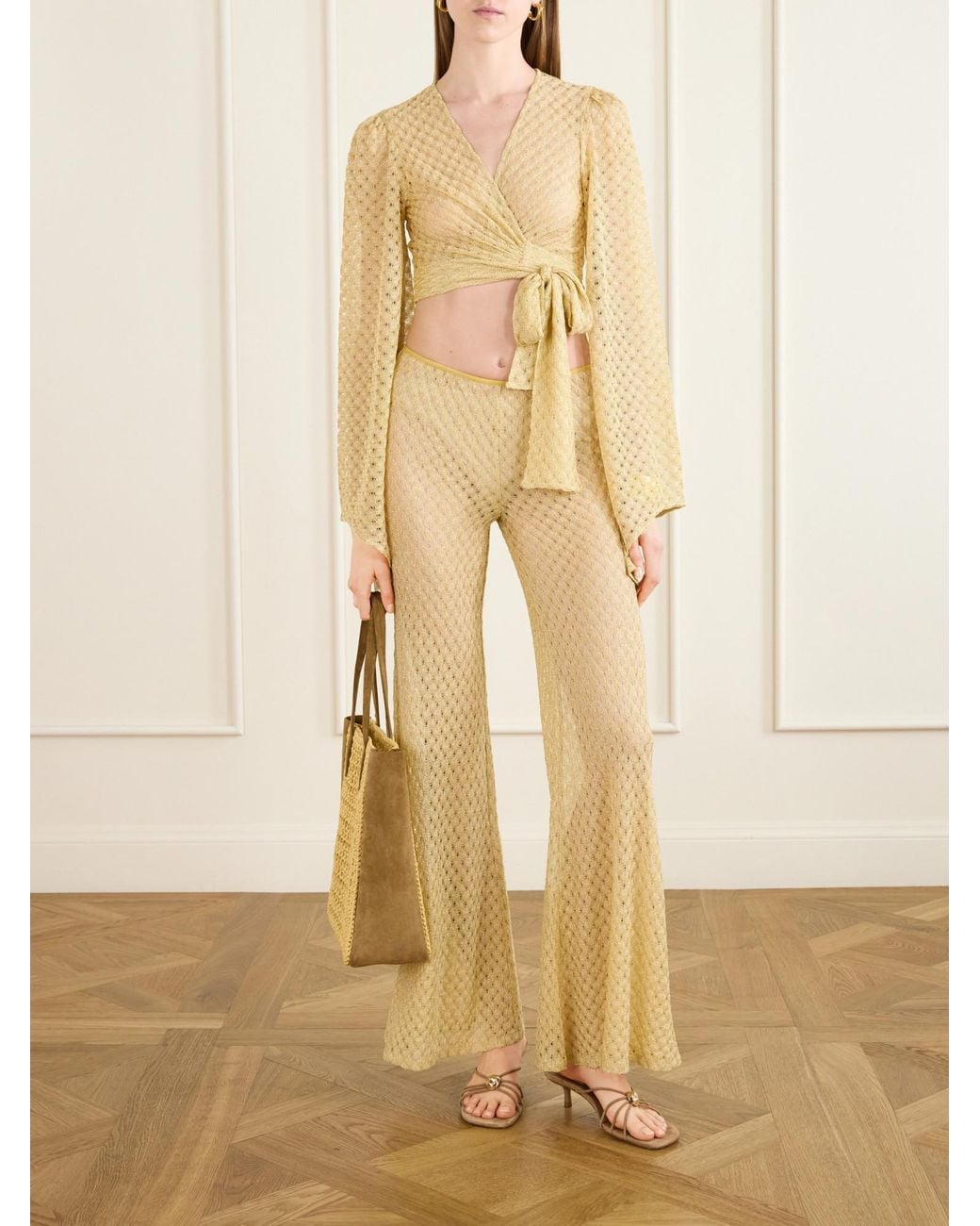 Missoni Natural Cropped Metallic Crochet-Knitted Wrap Top