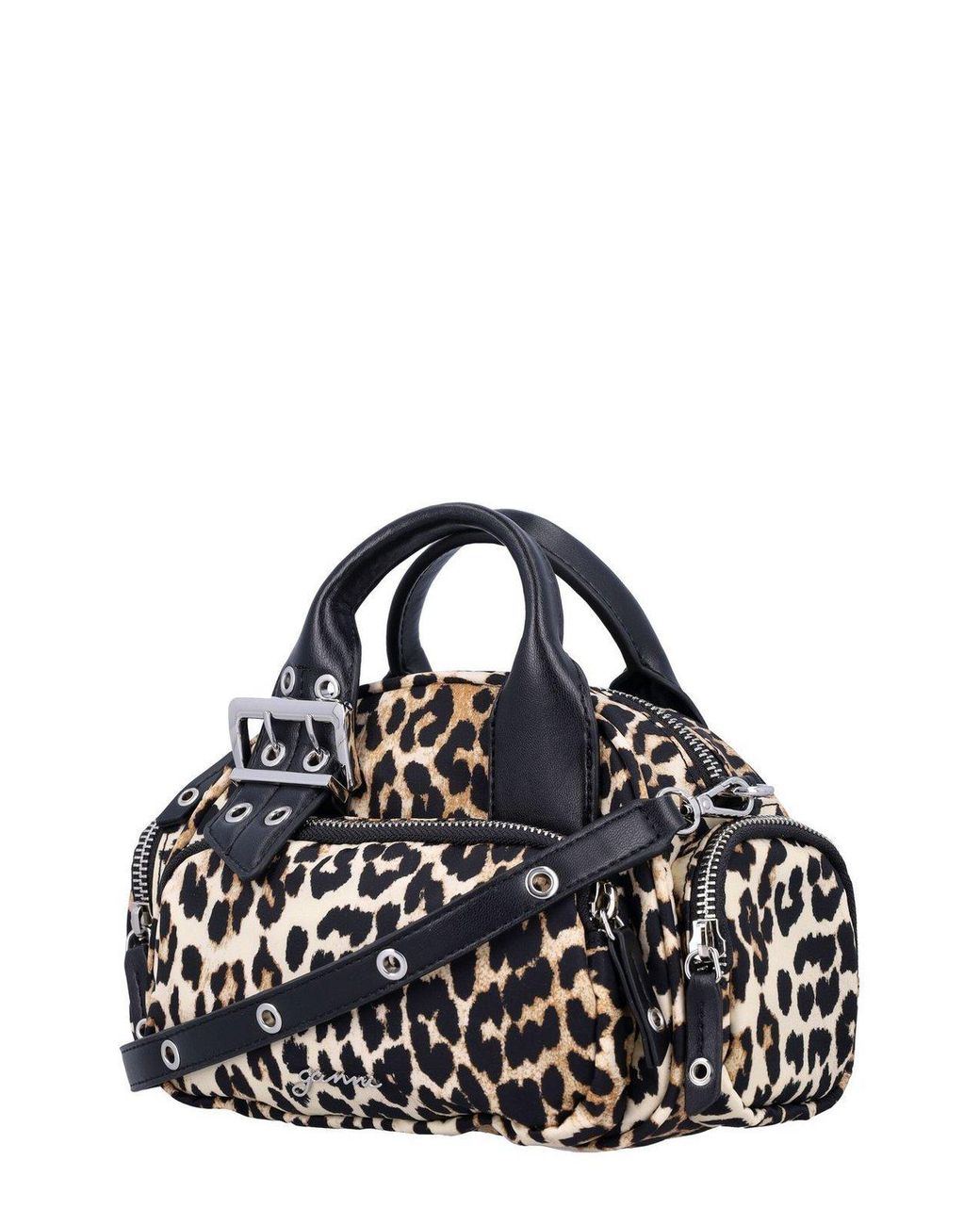 Ganni Black Leopard Printed Buckle Detailed Mini Tote Bag
