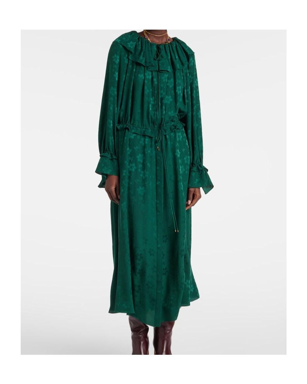 Chloé Green Ruffled Floral Silk Jacquard Midi Dress
