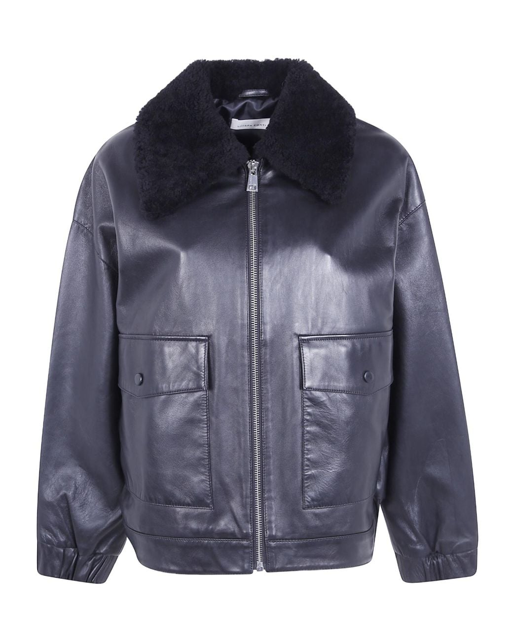 Liviana Conti Blue Shearling-Collar Leather Jacket