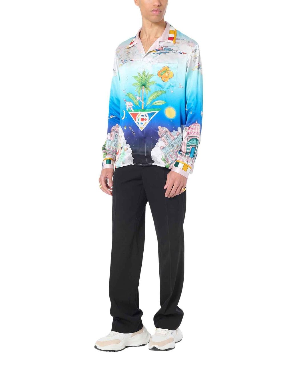 Casablanca Blue Cuban-Collar Silk Shirt for men
