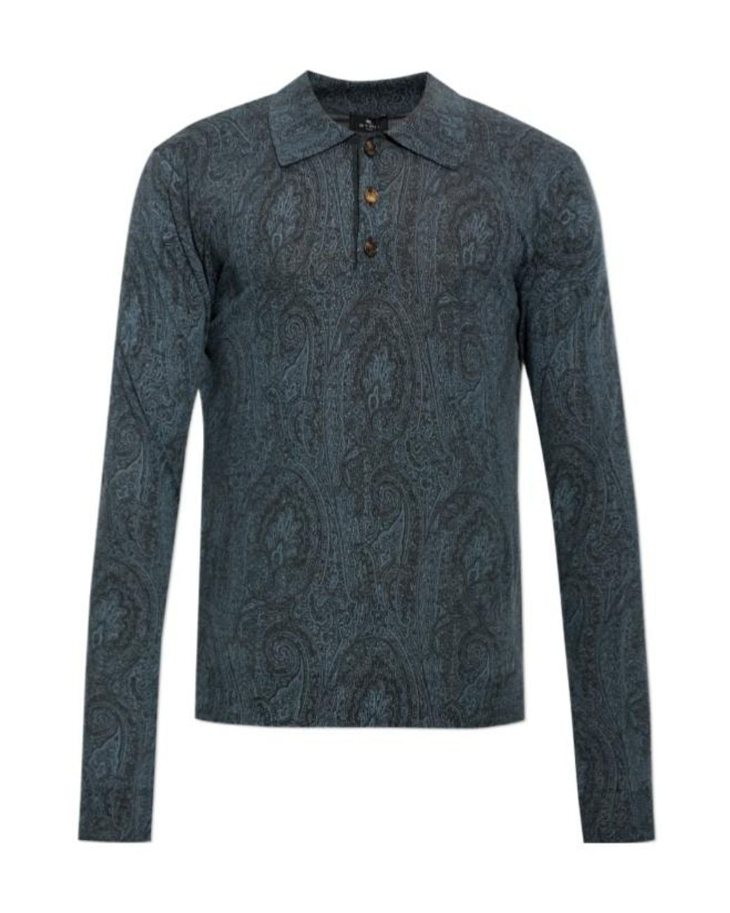 Etro Blue Paisley Long Sleeve Polo Shirt for men