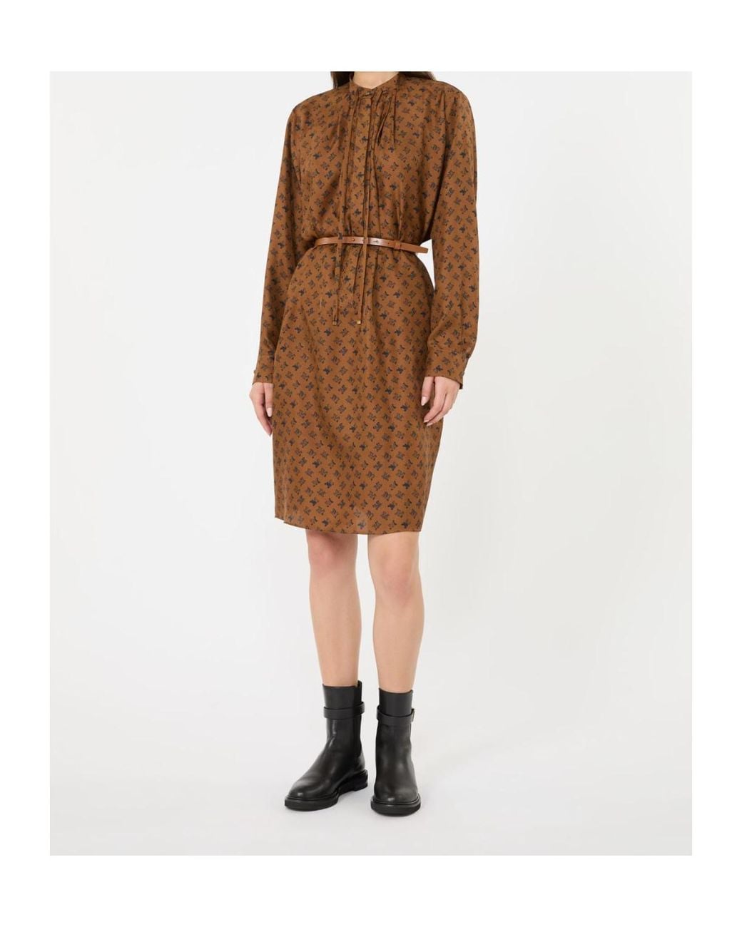Max Mara Brown Silk Logo-Print Shirt Dress