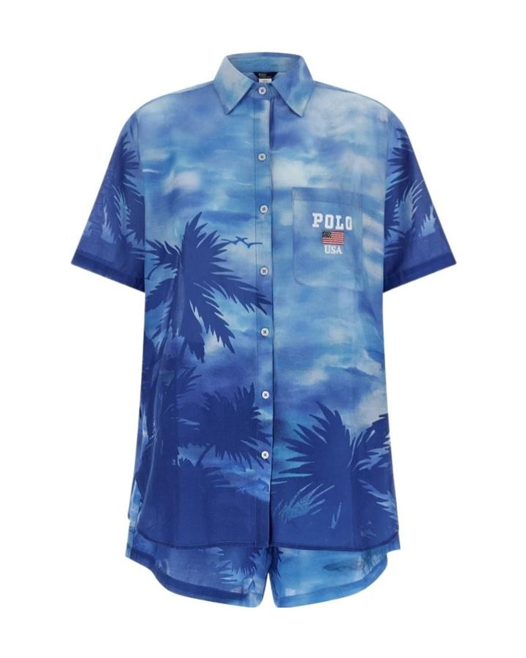Polo Ralph Lauren Blue Palm Cotton Shirt And Shorts Set
