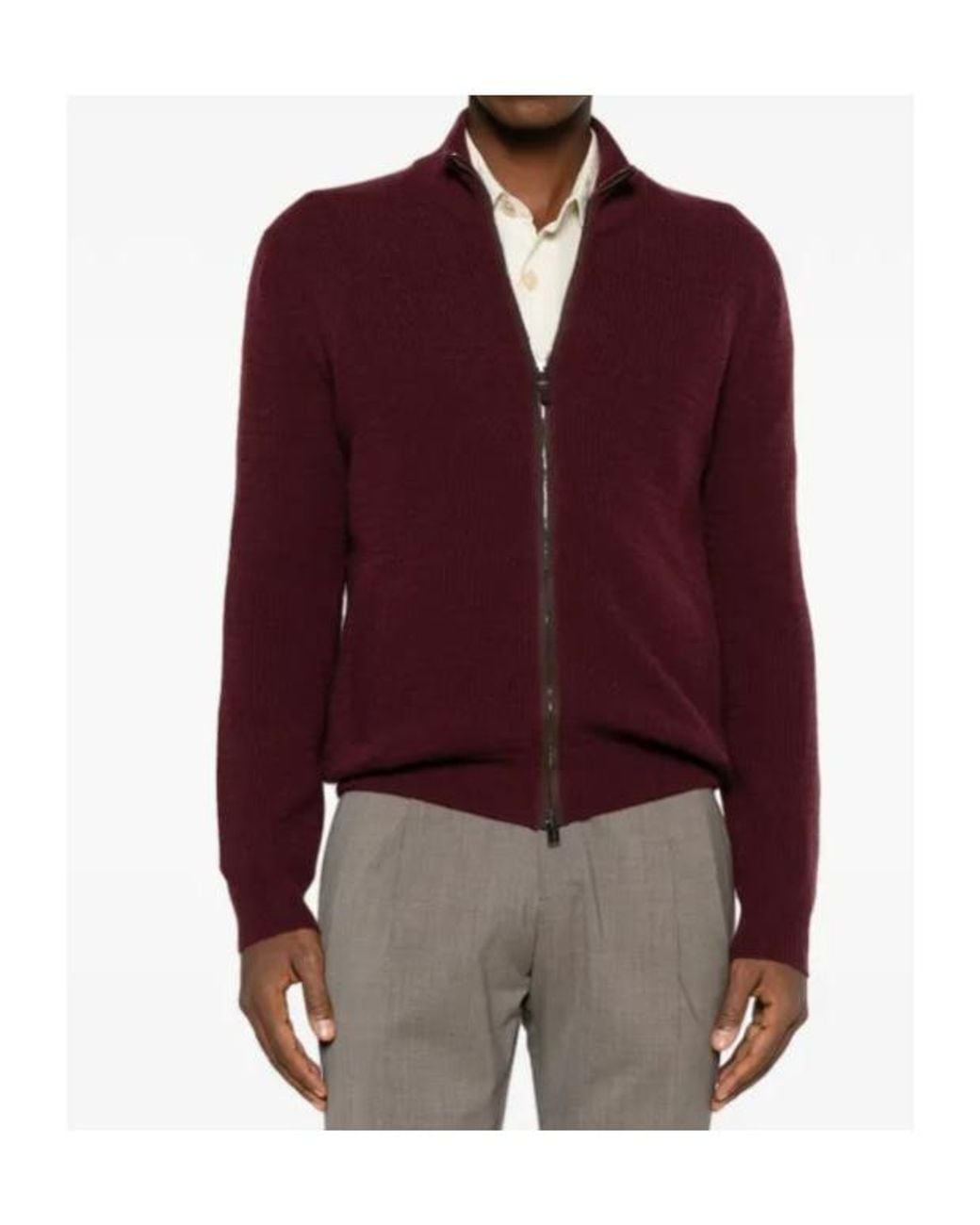 Canali Purple Zip-Up Ribbed-Knit Sweater for men