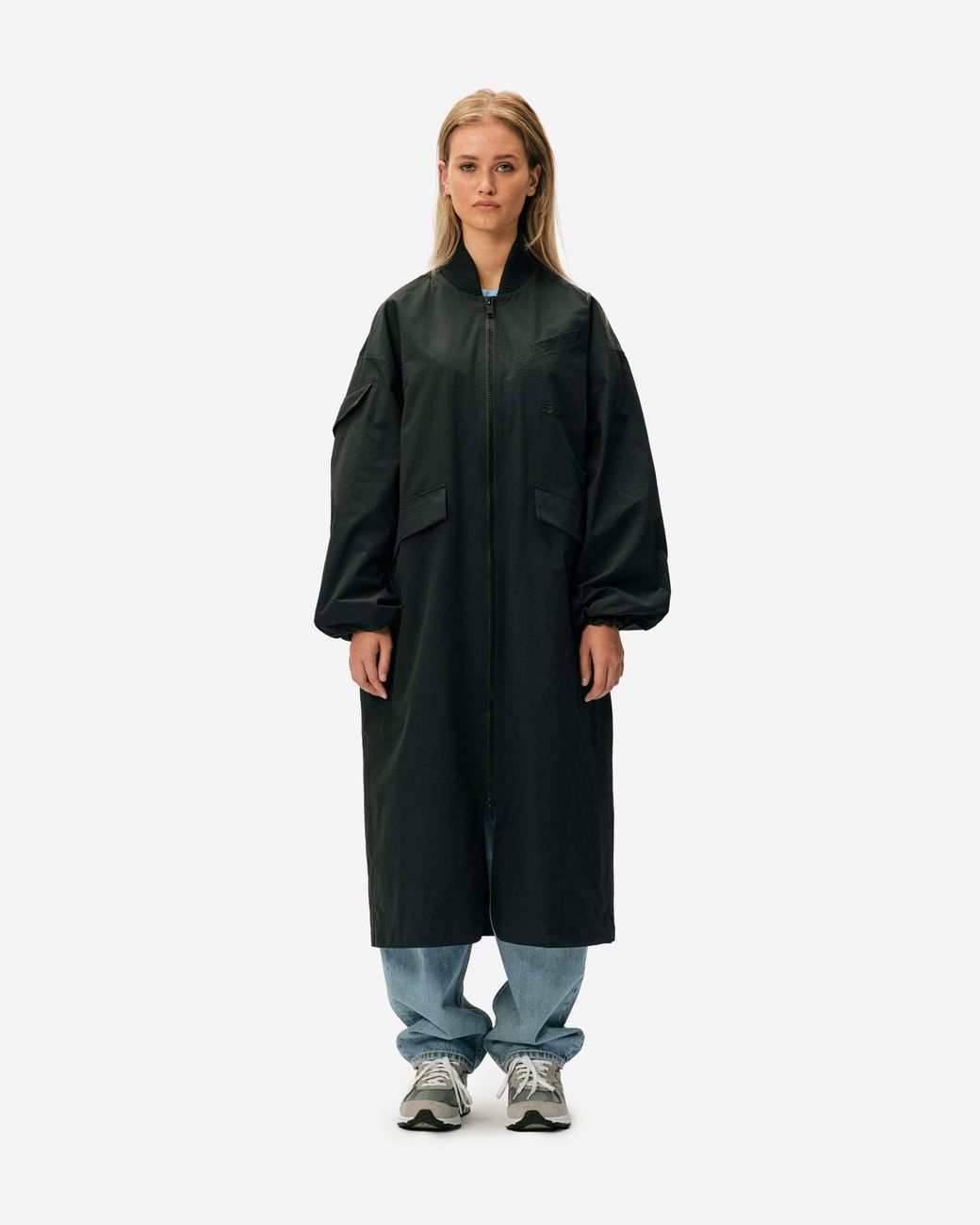 Ganni Black Two Way Zipped Seersucker Parka