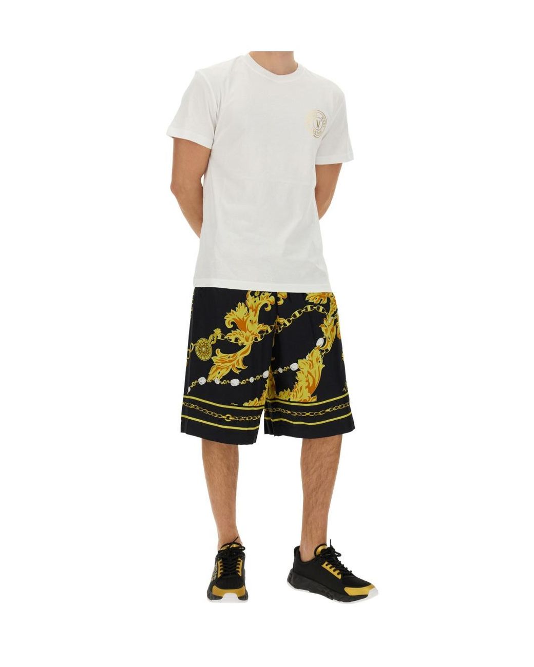 Versace Jeans Black Couture Barocco-Printed Knee-Length Track Shorts for men