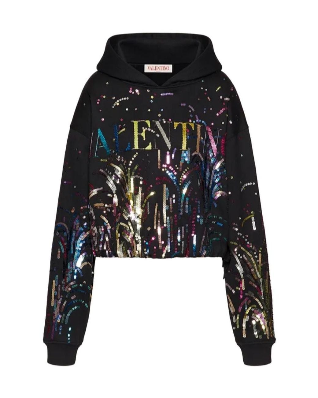 Valentino Black Sequin Logo Cropped Hoodie