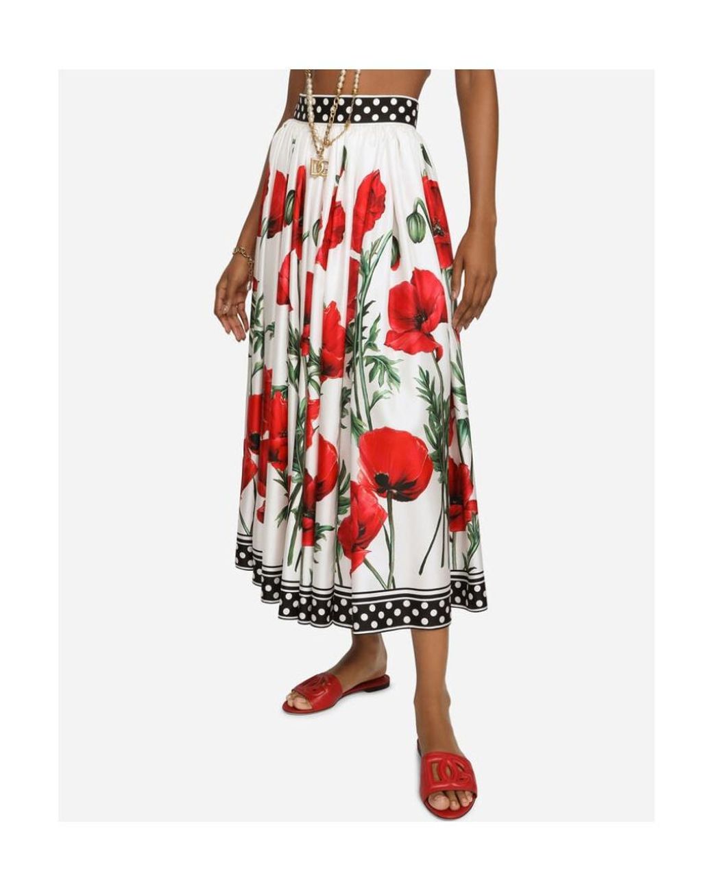 Dolce & Gabbana Red Poppy-Print High-Waisted Skirt