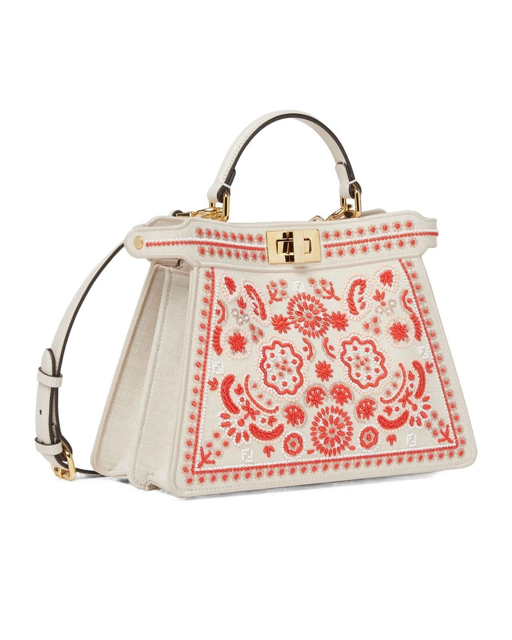 Fendi Red Canvas Bag With Coral Bandana Embroidery