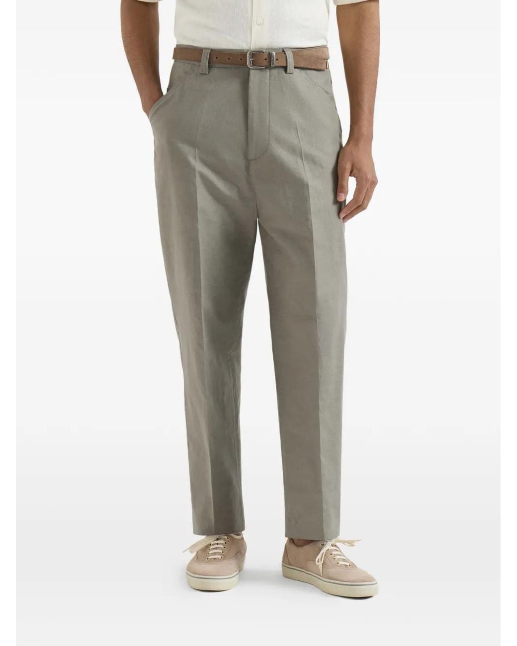 Brunello Cucinelli Gray Cotton And Linen Panama Trousers for men