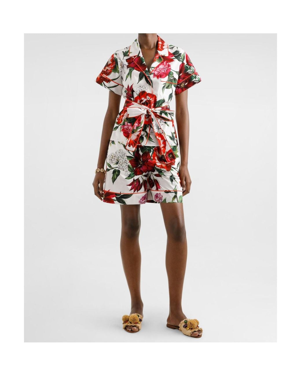 Dolce & Gabbana Red Flower-Printed Poplin Vanity Shirt