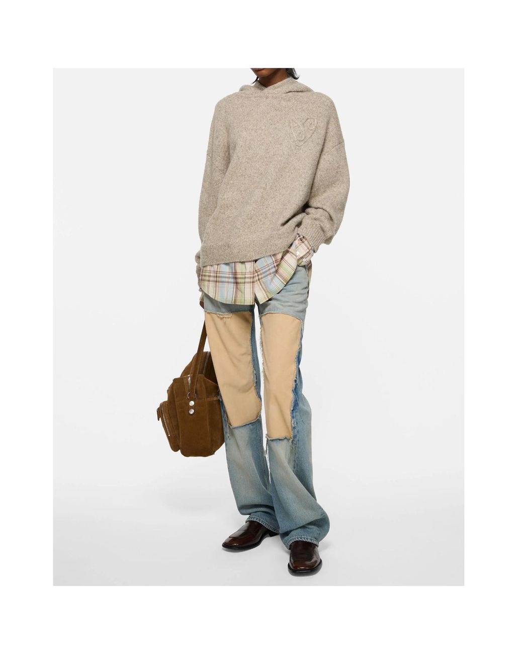 Acne Natural Layered Plaid Drop-Shoulder Hoodie