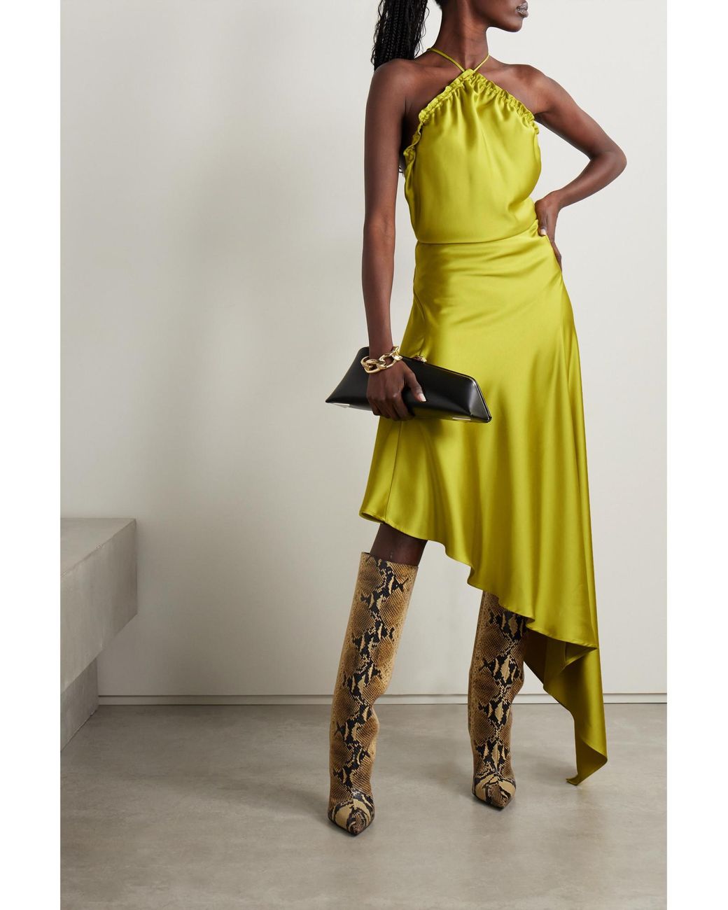 The Attico Yellow Asymmetric Feather-Trimmed Satin Halterneck Midi Dress