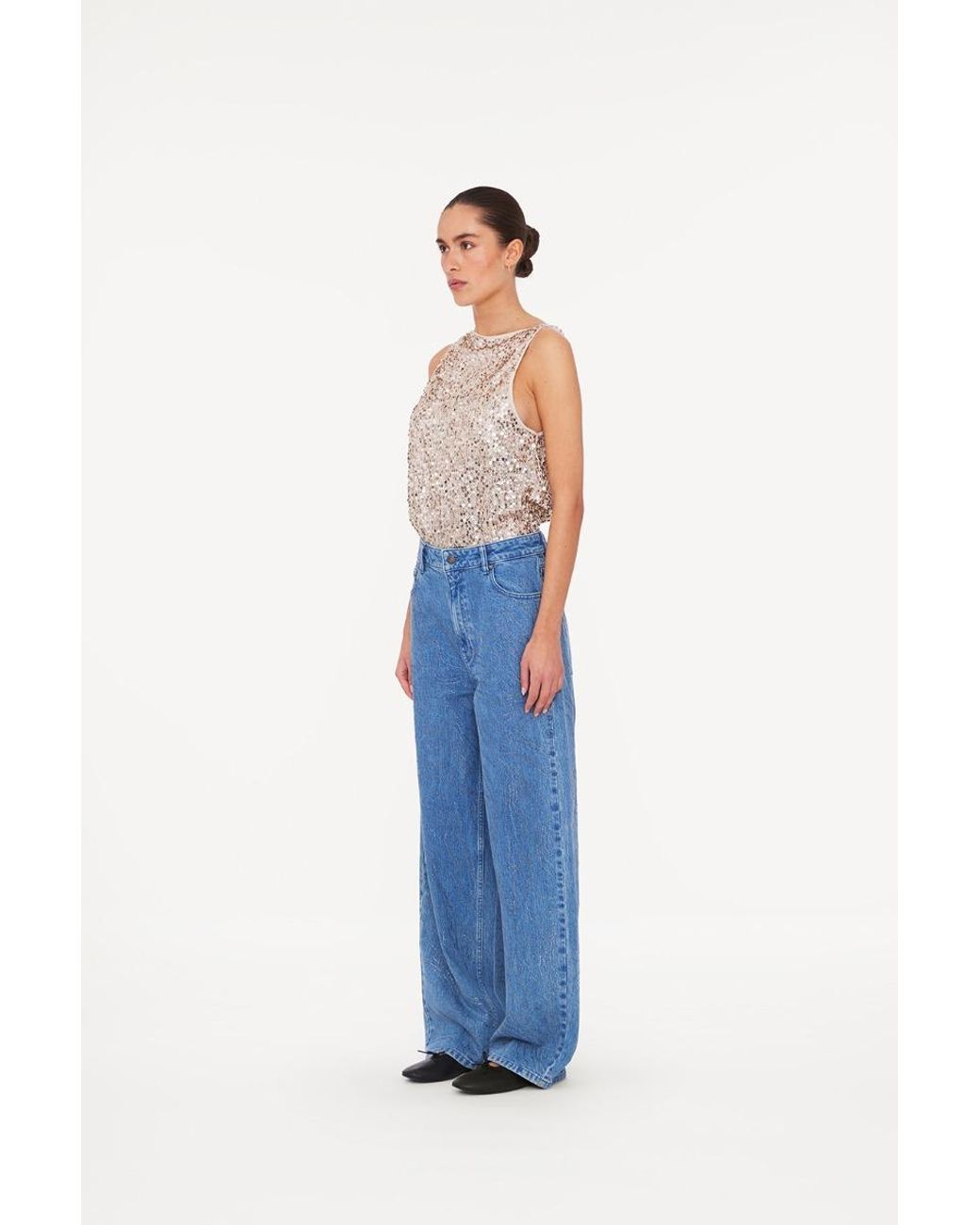 ROTATE BIRGER CHRISTENSEN Blue Rhinestone-Embellished Wide-Leg Jeans