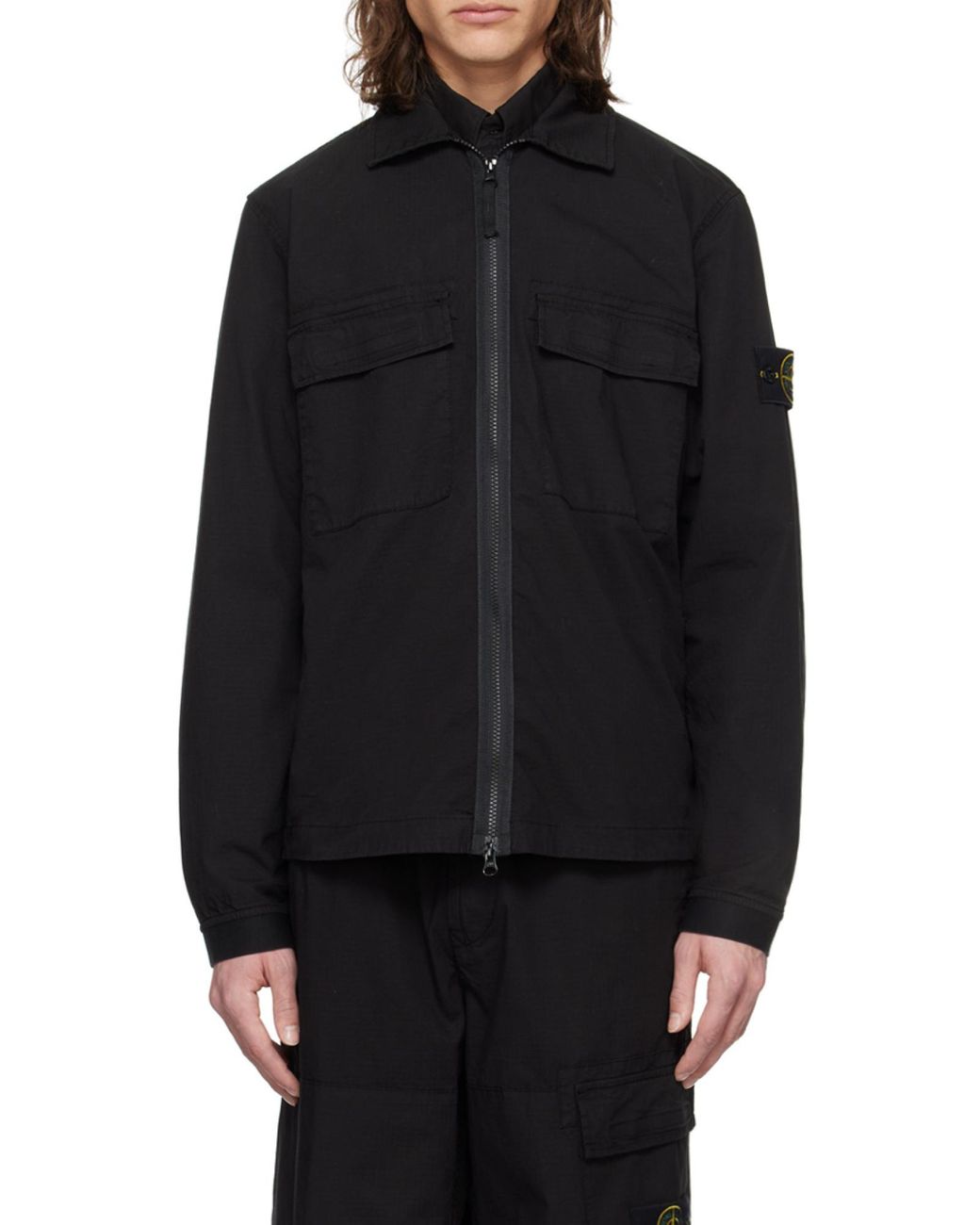 Stone Island Black Compass-Appliqué Zip-Up Shirt for men