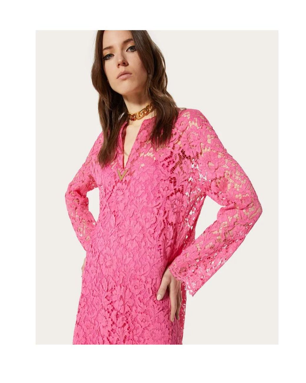 Valentino Pink Floral-Lace Longsleeved Dress