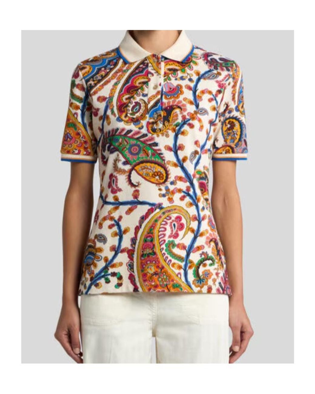 Etro White Floral Paisley Print Motif Stretch Pique Polo Shirt