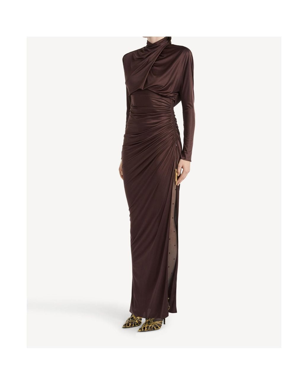 Balmain Brown Draped Long-Sleeve Maxi Dress