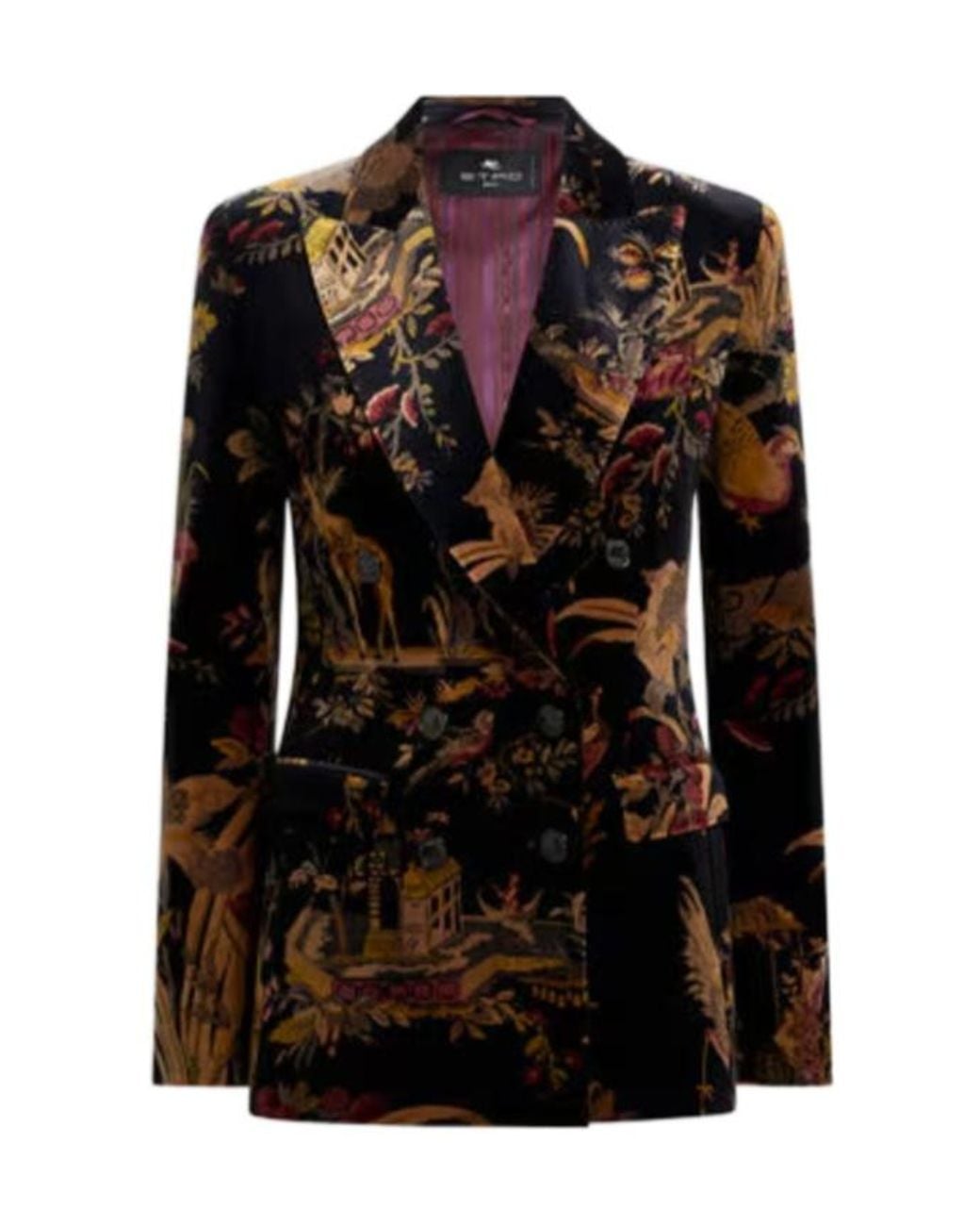 Etro Black Floral Double-Breasted Velvet Blazer