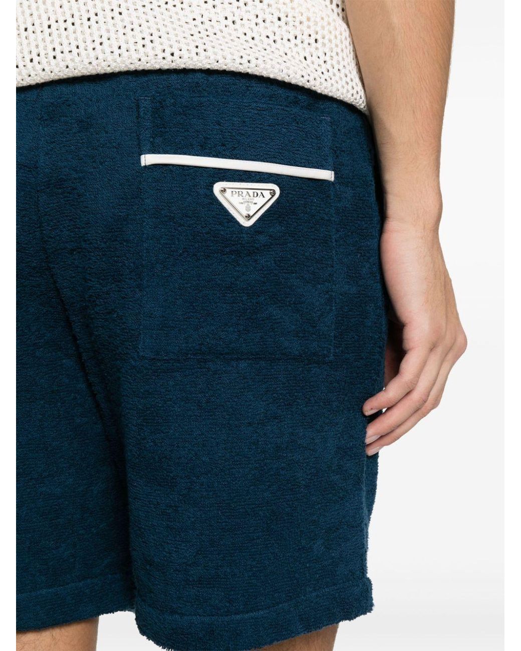 Prada Blue Logo Plaque Mid-Rise Shorts for men