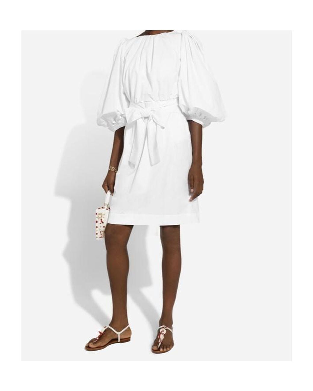 Dolce & Gabbana White Cotton Midi Dress With Puff Sleeves