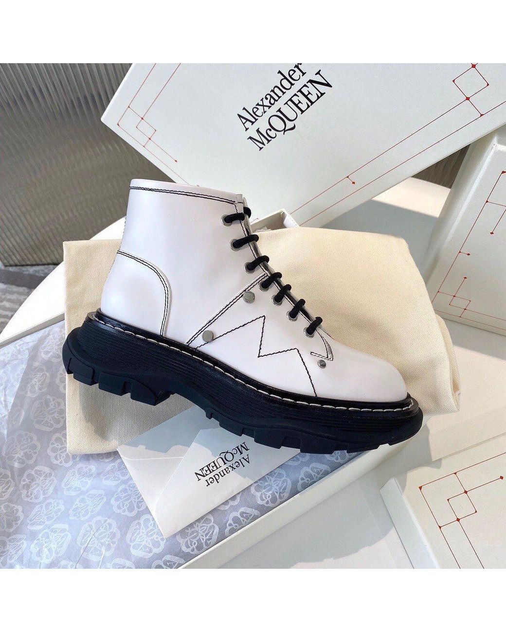 McQueen White Tread Lace-Up Boots