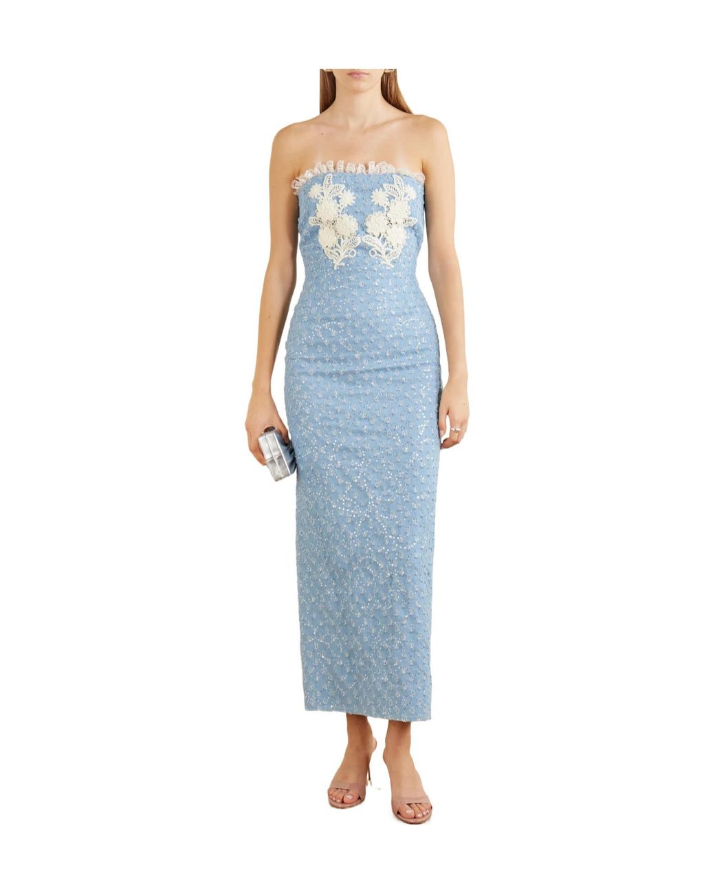 Rodarte Blue Appliquéd Sequin-Embellished Lace-Trimmed Denim Midi Dress
