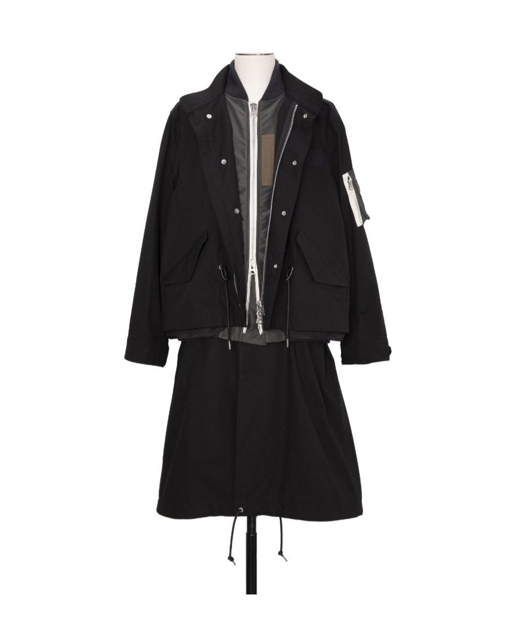 Sacai Black Drawstring High-Neck Layered Coat for men