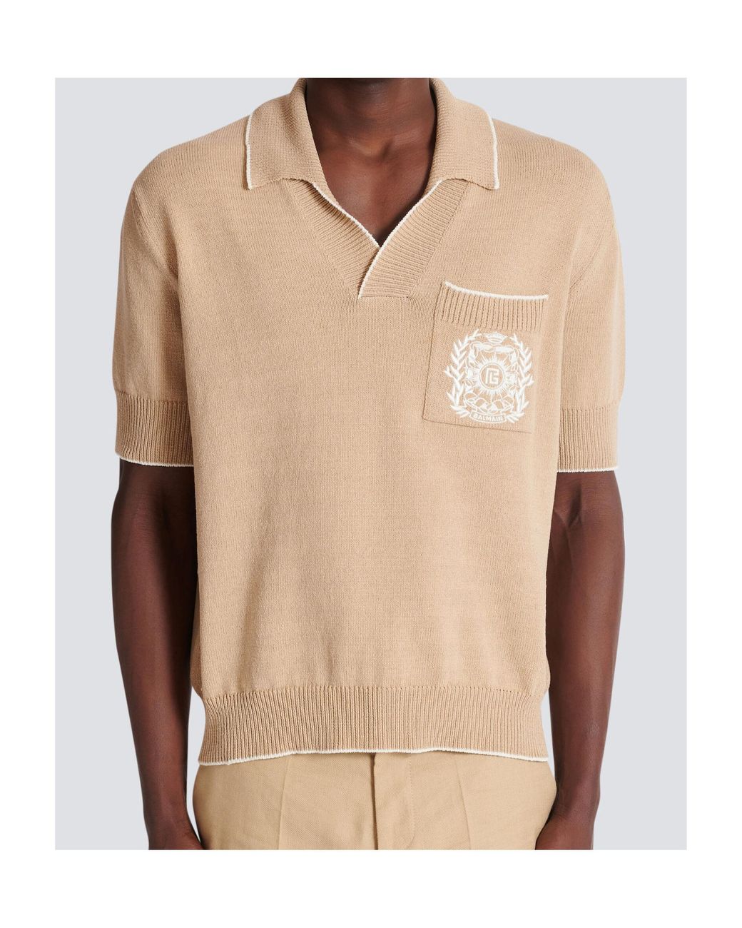 Balmain Natural Knitted Crest-Detail Polo Shirt for men