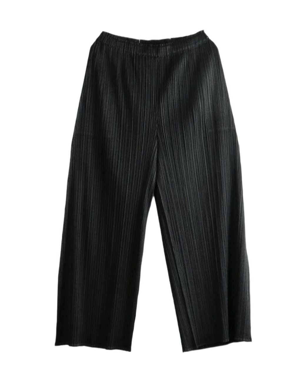 Pleats Please Issey Miyake Black Pleated Elastic Waist Wide-Leg Trousers