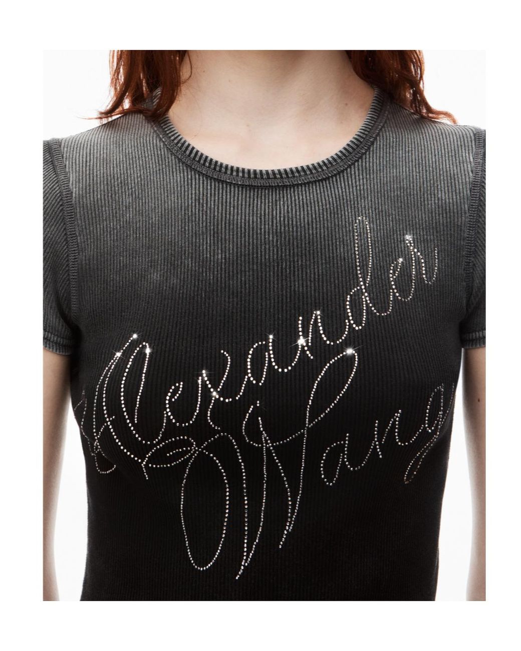 Alexander Wang Gray Hotfix Cursive-Logo Crewneck T-Shirt