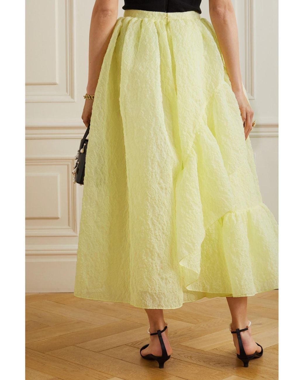 Erdem Yellow Ruffled Tiered Cloqué Midi Skirt