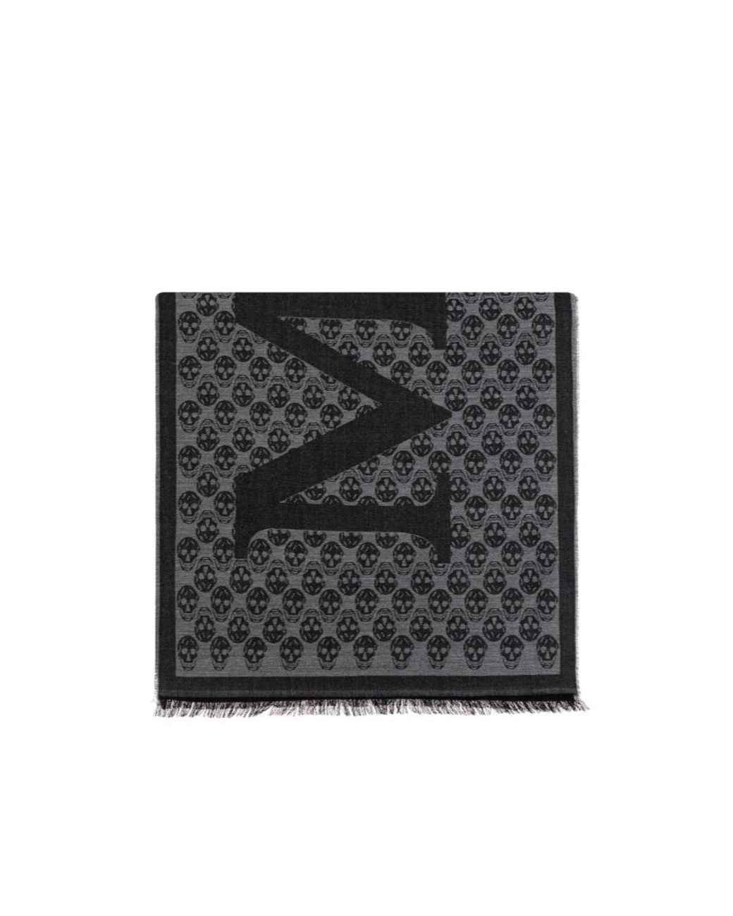 McQueen Black Skull Jacquard Frayed-Edge Scarf for men