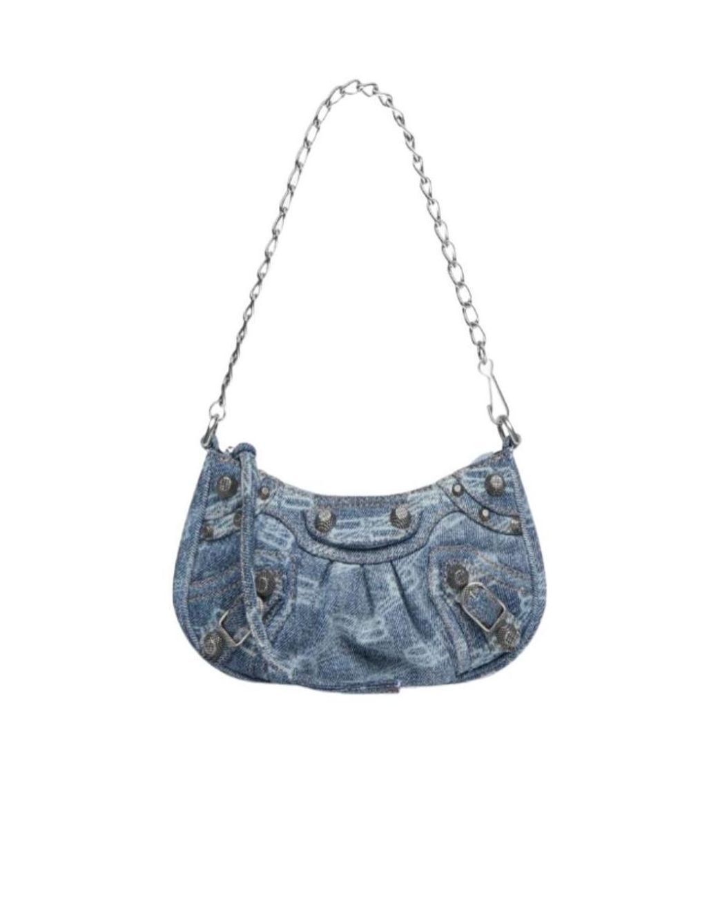 Balenciaga Blue Le Cagole All-Over Logo Denim Mini Shoulder Bag