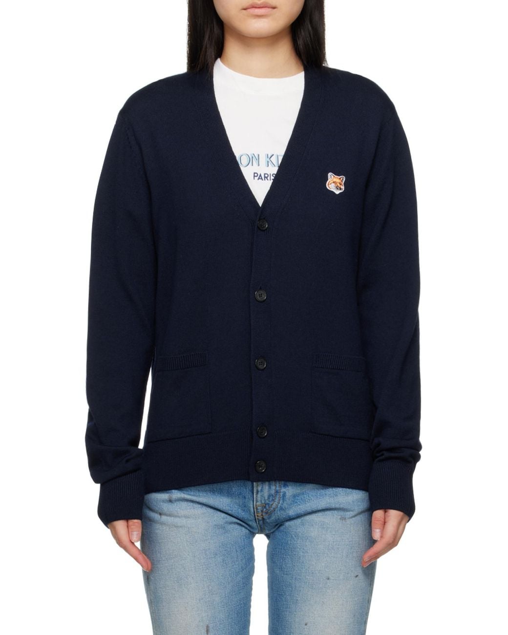 Maison Kitsuné Blue Maison Kitsuné V-Neck Long-Sleeved Cardigan for men