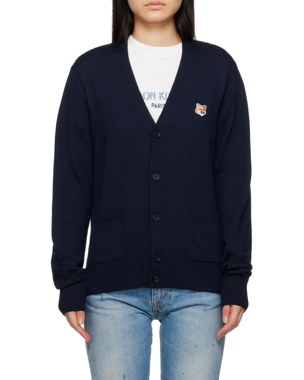 Maison Kitsuné Blue Maison Kitsuné V-Neck Long-Sleeved Cardigan for men