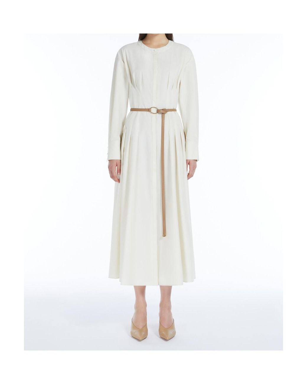 Max Mara White Studio Belted Crewneck Long-Sleeved Dress