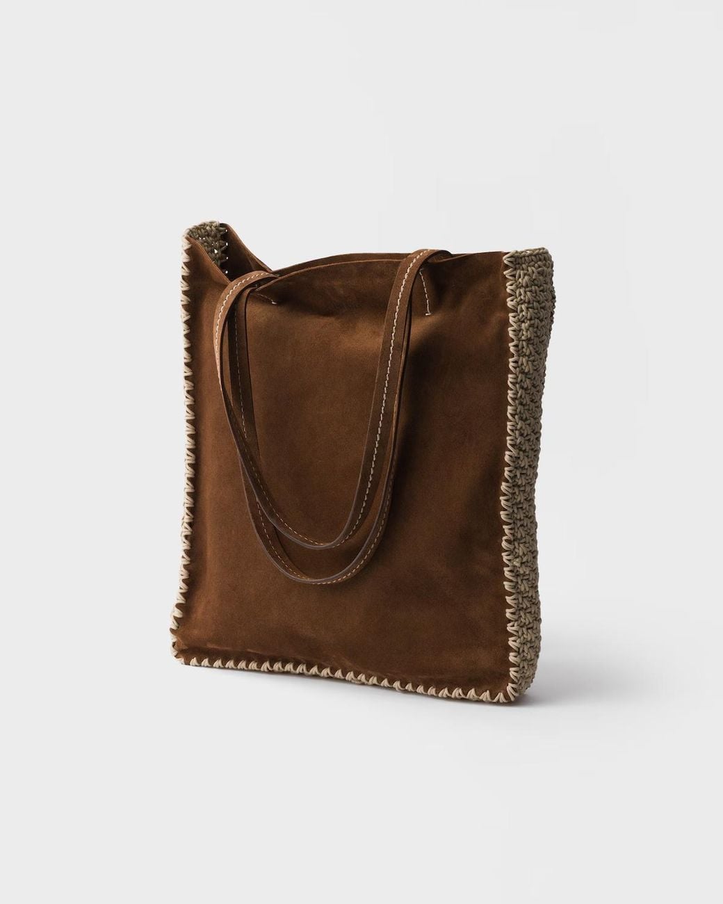 Prada Brown Large Suede And Crochet Tote Bag