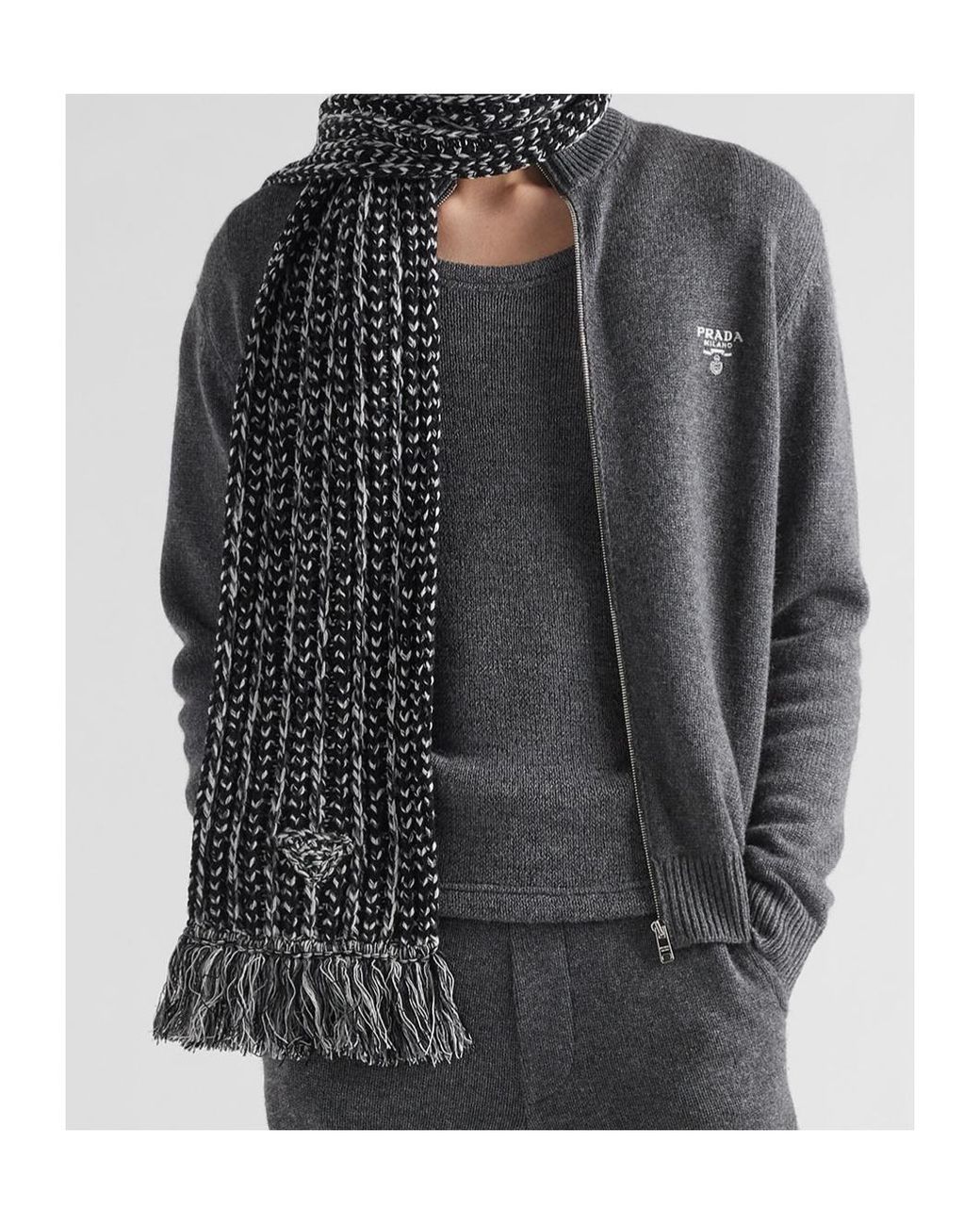 Prada Gray Logo Embroidered Full-Zipped Knit Cardigan for men