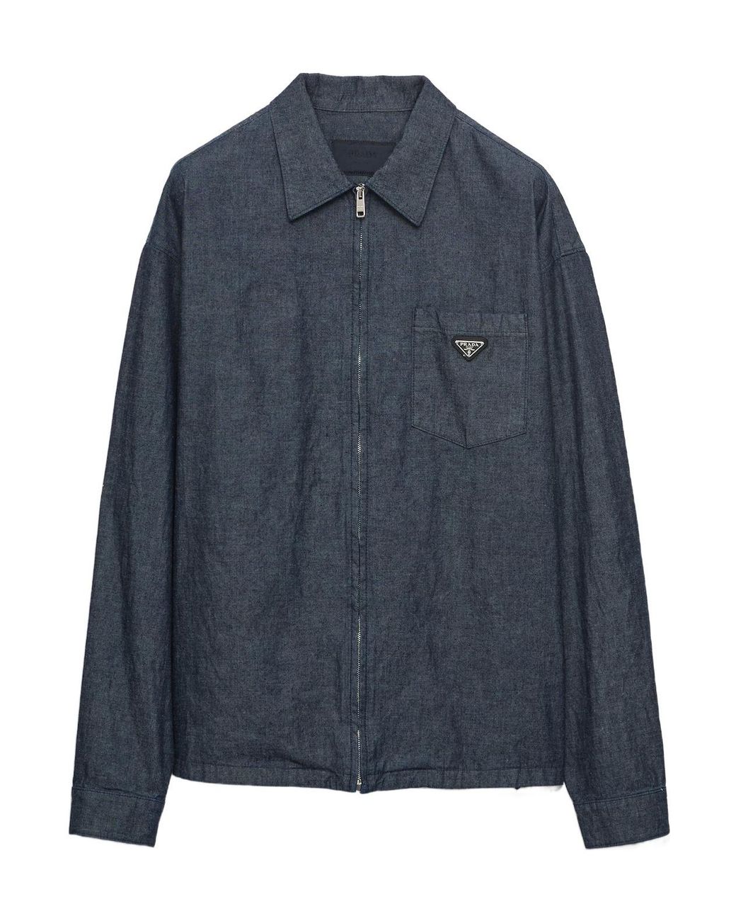 Prada Blue Logo Plaque Zip-Front Shirt for men