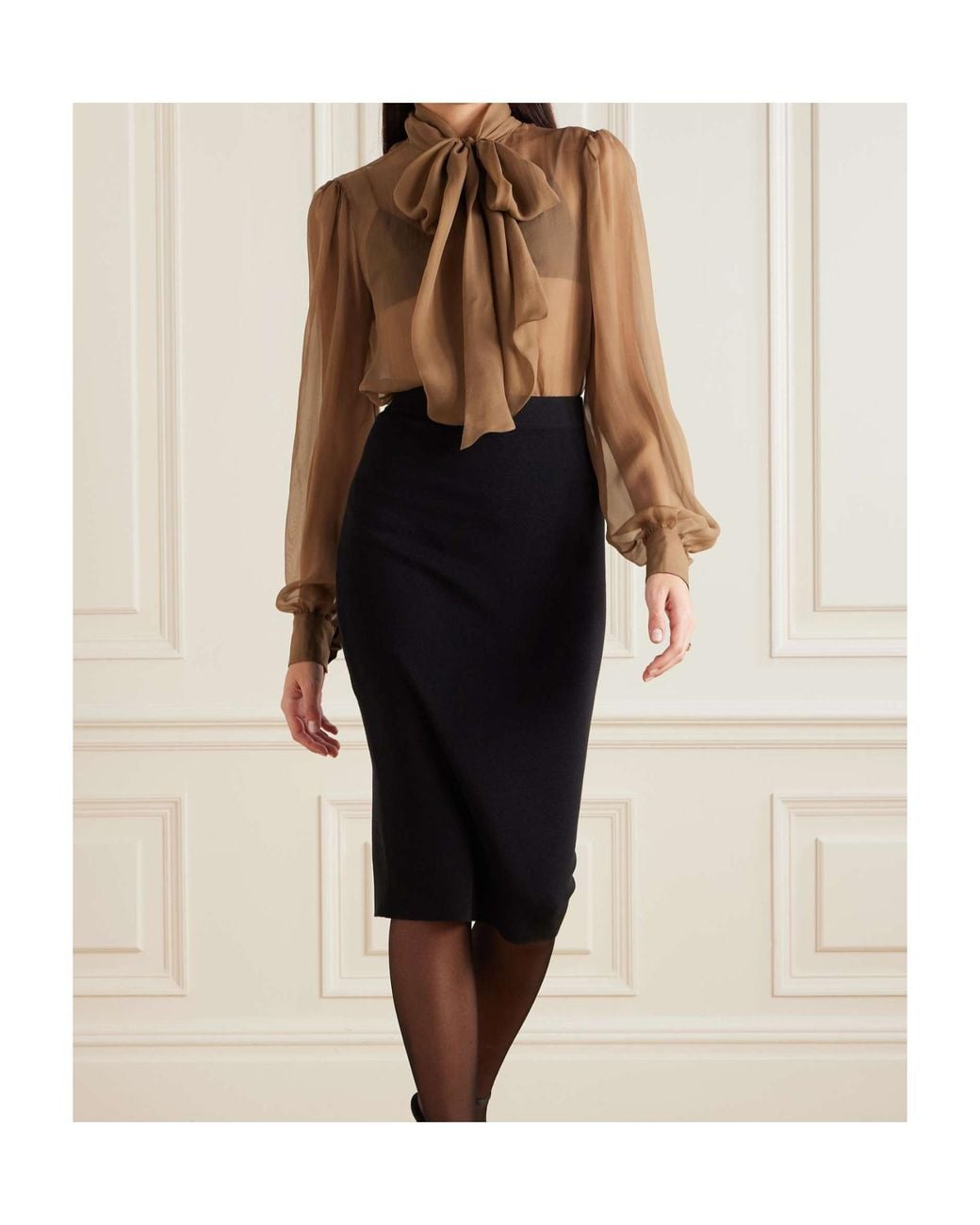 Saint Laurent Brown Pussy-Bow Silk-Chiffon Blouse