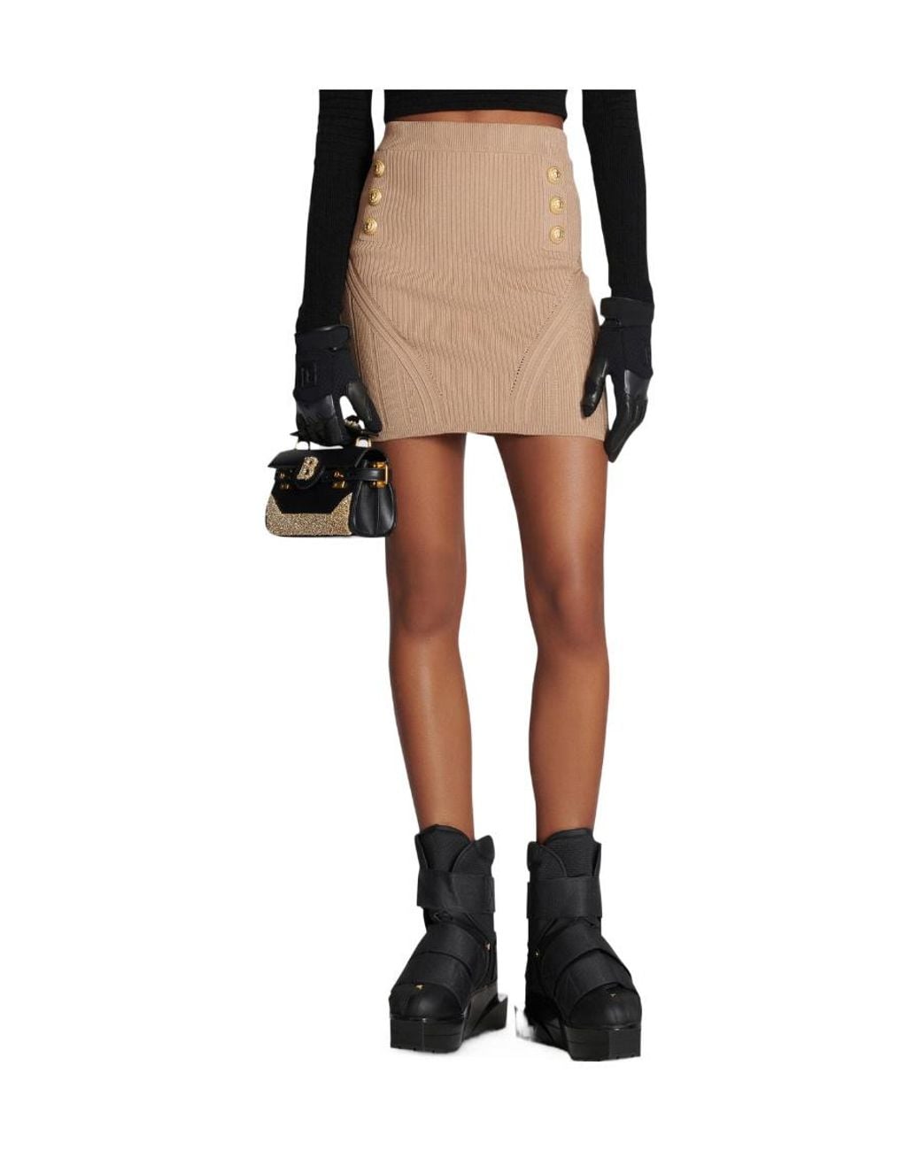 Balmain White Buttoned Detailed Ribbed Knit Mini Skirt