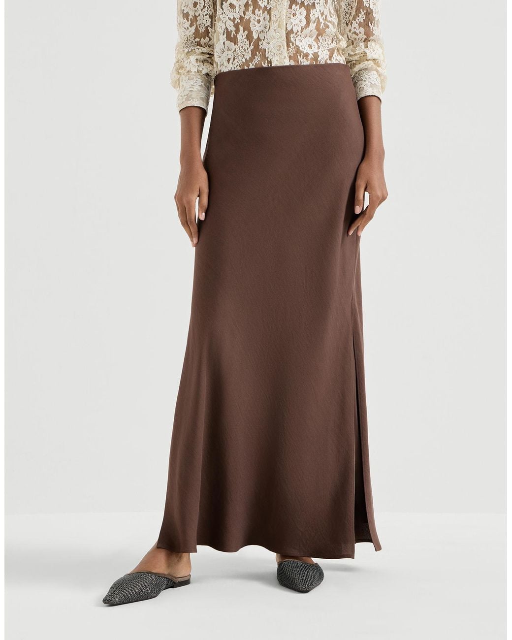 Brunello Cucinelli Fluid Bias-Cut Skirt in Brown | Lyst UK