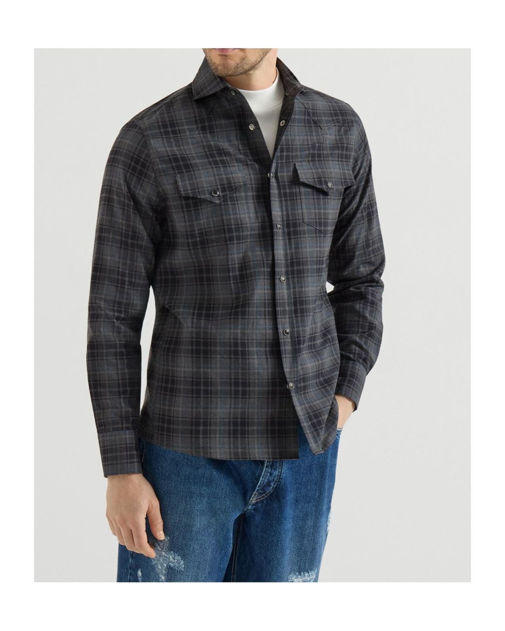 Brunello Cucinelli Gray Cotton Madras Western Shirt for men