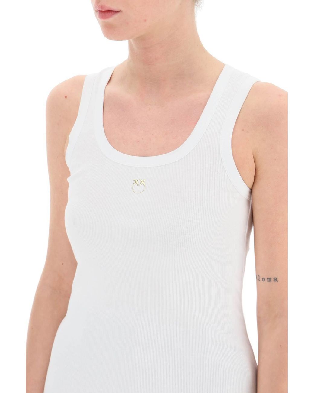 Pinko White Logo Plaque Ribbed Tank Top