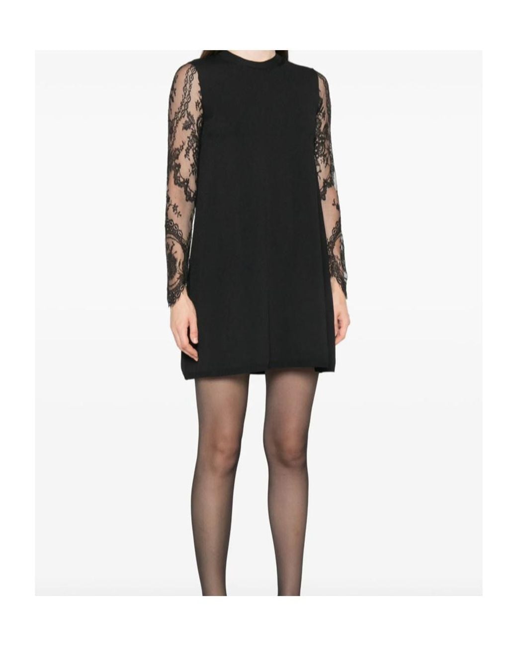 Valentino Black Lace-Sleeved Crewneck Mini Dress