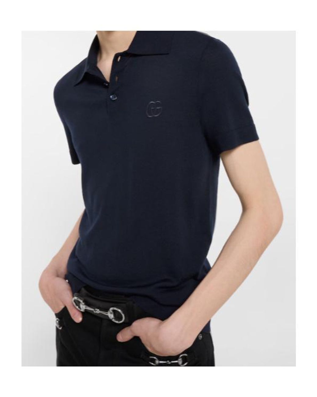 Gucci Blue Logo Embroidered Knit Polo Shirt for men